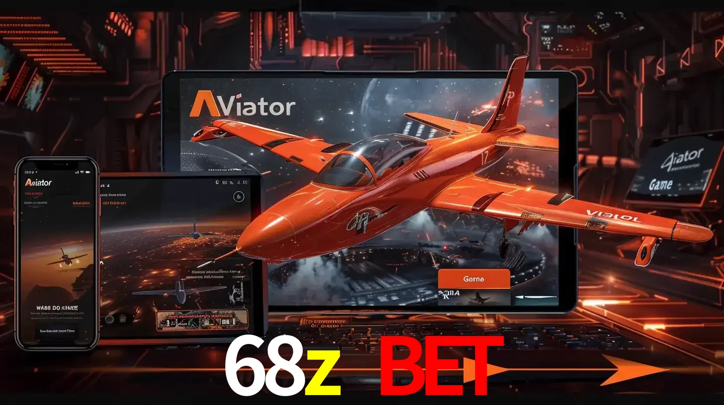 Apresentação tecnológica do jogo Aviator com um avião saindo da tela de um tablet, demonstrando a experiência imersiva em múltiplos dispositivos no 68z bet.