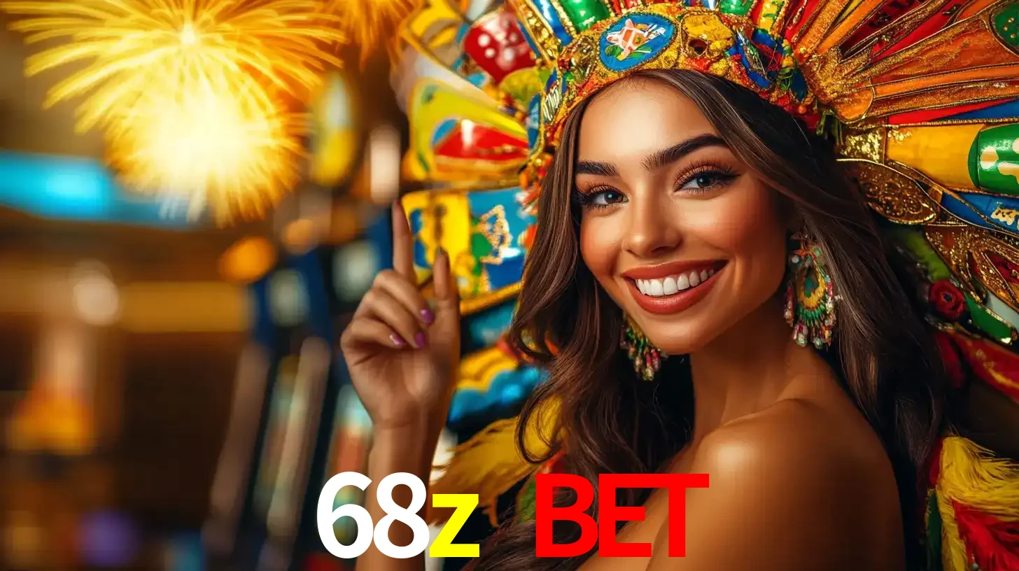 Mulher sorridente com um cocar de carnaval vibrante e colorido, celebrando uma grande vitória nos jogos do cassino 68z bet com fogos de artifício ao fundo.