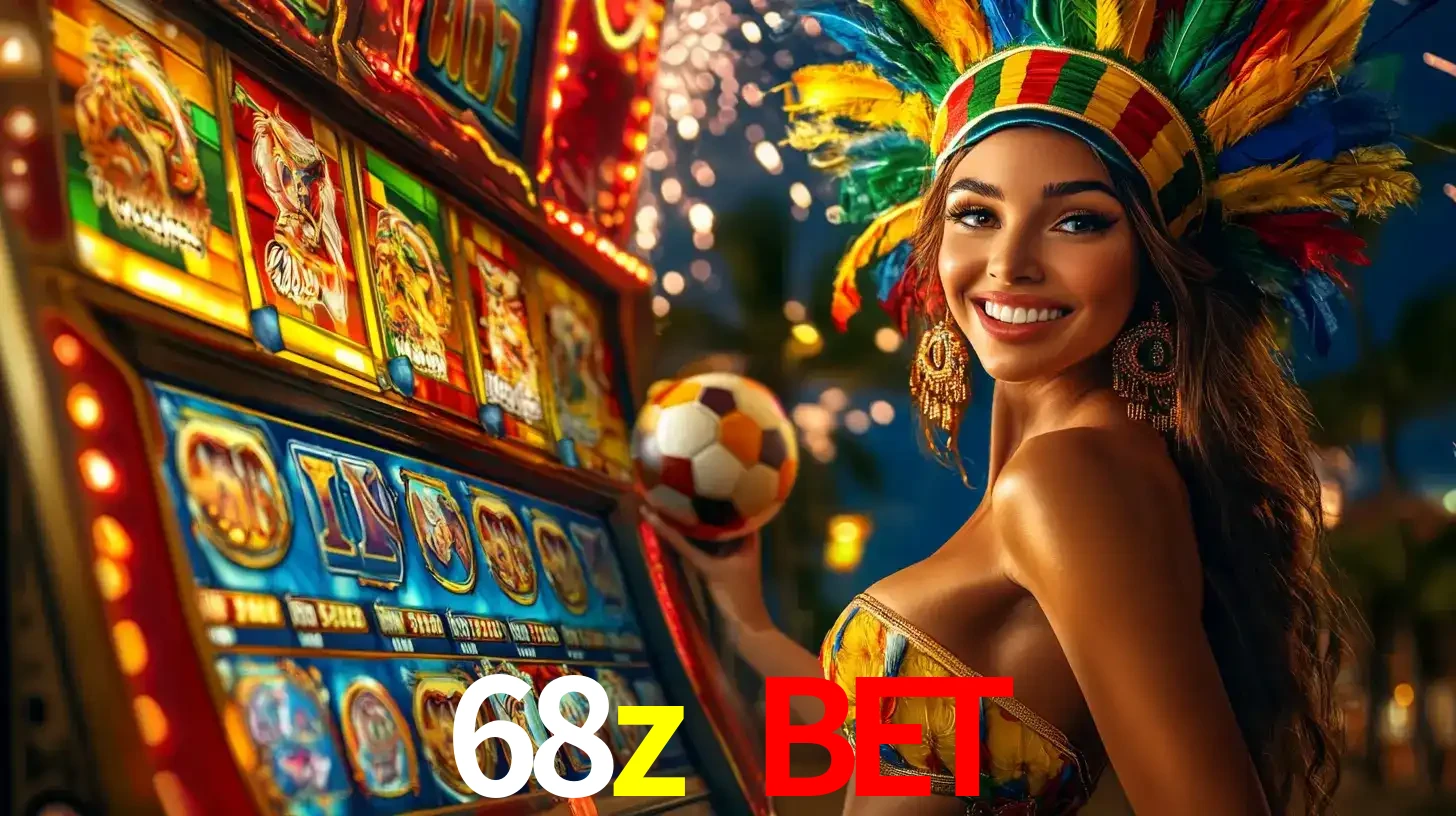 Mulher com um cocar de carnaval ao lado de uma máquina de caça-níqueis enquanto segura uma bola de futebol, mostrando a união da diversão de cassino e esportes no 68z bet.