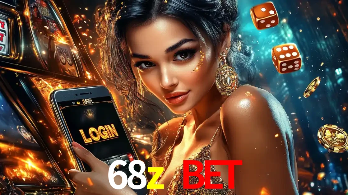 Mulher glamourosa segurando um celular com a tela de login do cassino 68z bet, rodeada por dados e moedas douradas, pronta para começar a diversão.