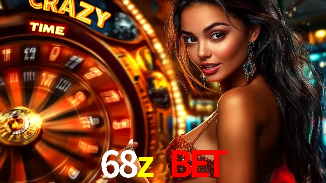 Mulher ao lado da roda de prêmios do jogo de cassino ao vivo Crazy Time, um dos shows de jogos mais emocionantes oferecidos pela plataforma de apostas 68z bet.