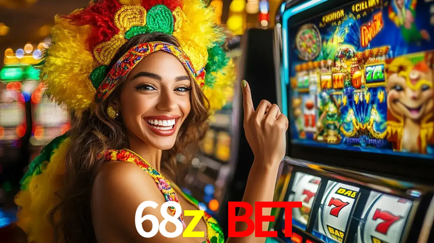 Mulher animada com um cocar de carnaval apontando para uma máquina de caça-níqueis, mostrando a emoção de ganhar um grande prêmio nos jogos do 68z bet.