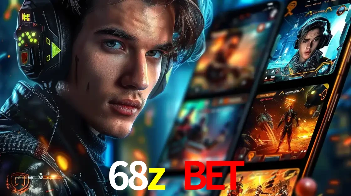 Jovem jogador com fones de ouvido olhando para a câmera, com um aplicativo de jogos e e-sports para celular ao fundo, pronto para a competição e apostas no 68z bet.