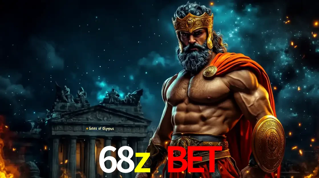 O poderoso Zeus do jogo de slot Gates of Olympus em frente ao seu templo, pronto para lançar multiplicadores divinos e prêmios épicos no cassino online 68z bet.