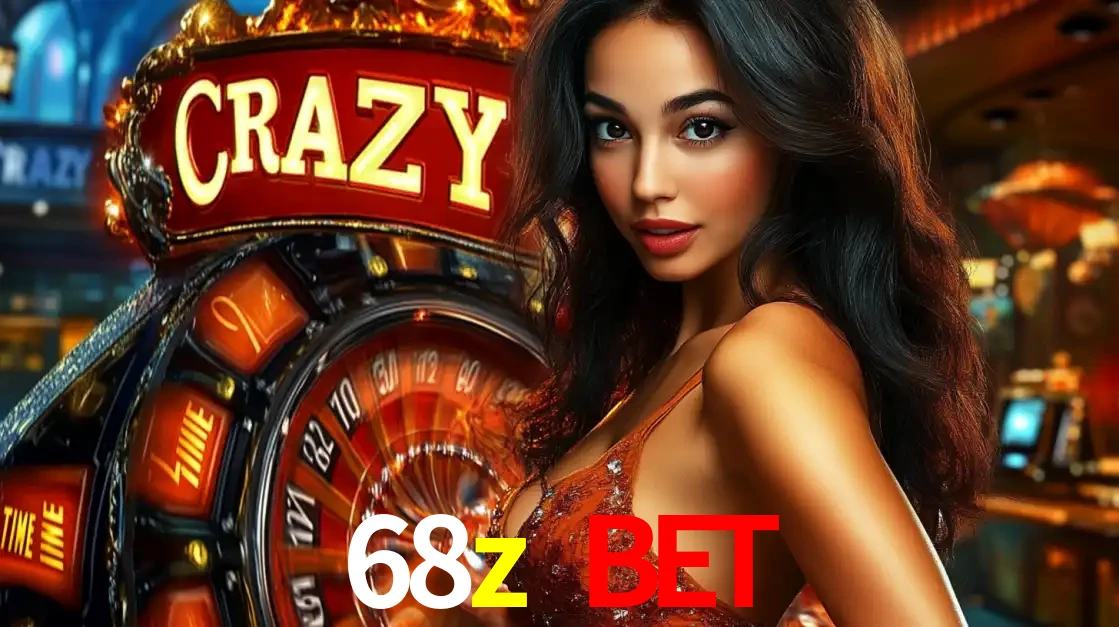 Mulher glamourosa olhando para a câmera com a roda vermelha do Crazy Time ao fundo em um ambiente de cassino, destacando a emoção dos jogos ao vivo no 68z bet.
