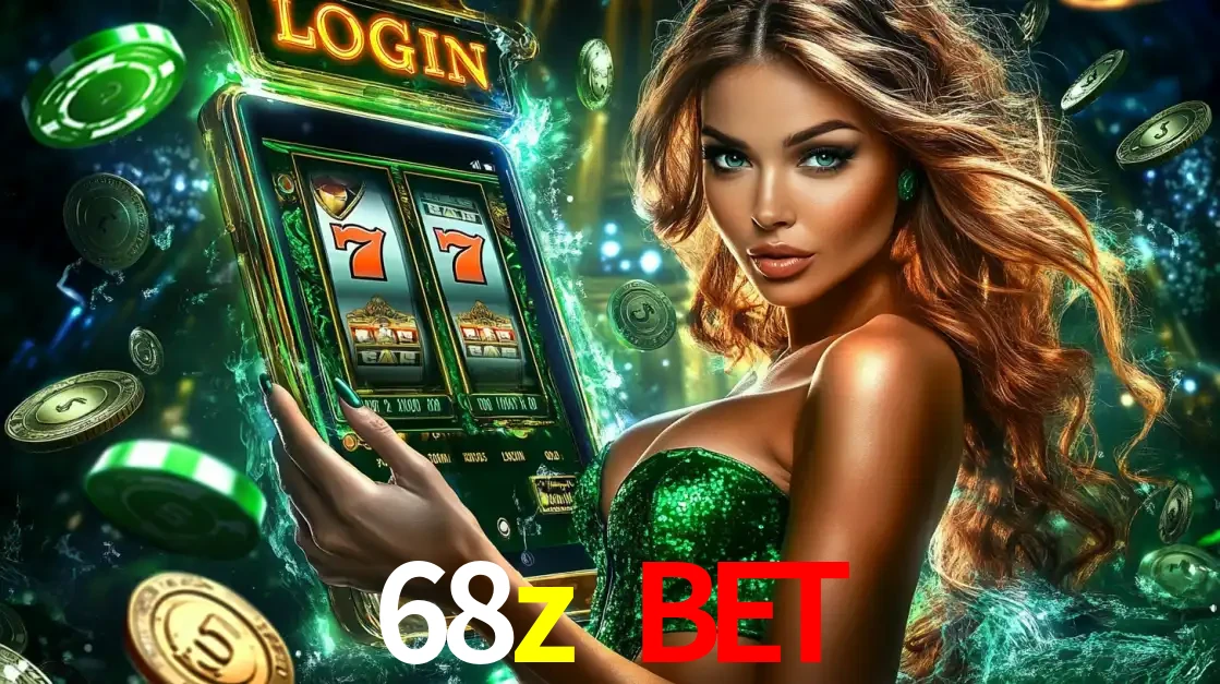 Mulher com tema verde apresentando o aplicativo do cassino 68z bet com um jogo de slot de 777, cercada por fichas de cassino e uma aura de sorte.