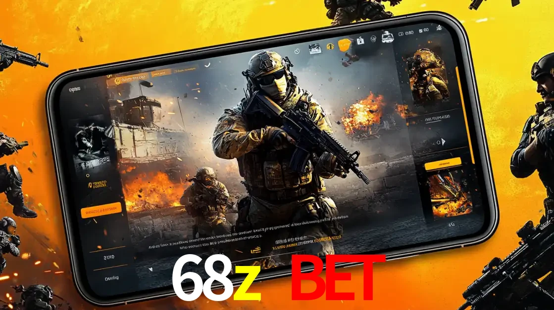 Um smartphone exibindo a interface de um jogo de tiro em primeira pessoa, com um soldado em um cenário de batalha, representando a ação dos e-sports para apostar no 68z bet.