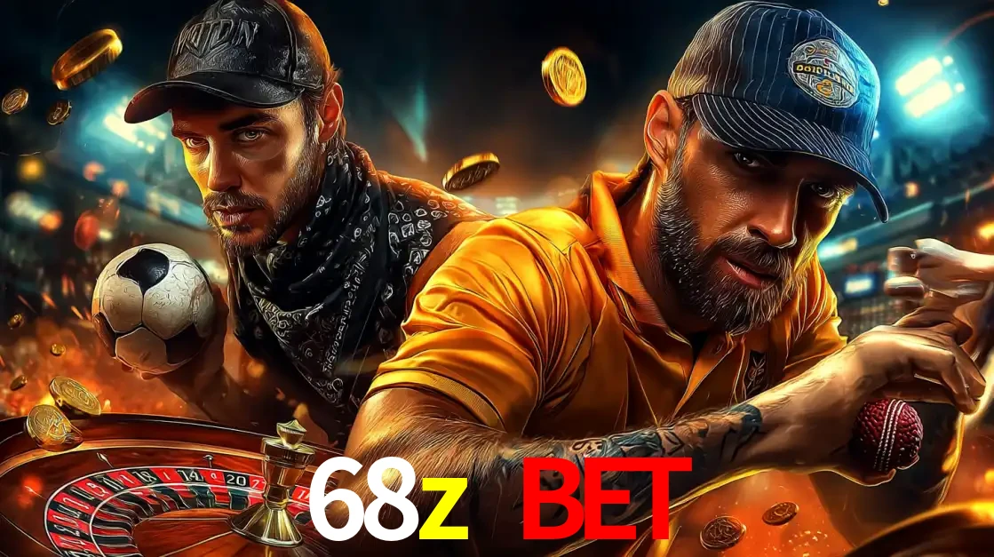 Montagem de apostas esportivas e cassino no 68z bet, com um homem segurando uma bola de futebol e outro uma de beisebol sobre uma roleta e moedas voadoras.