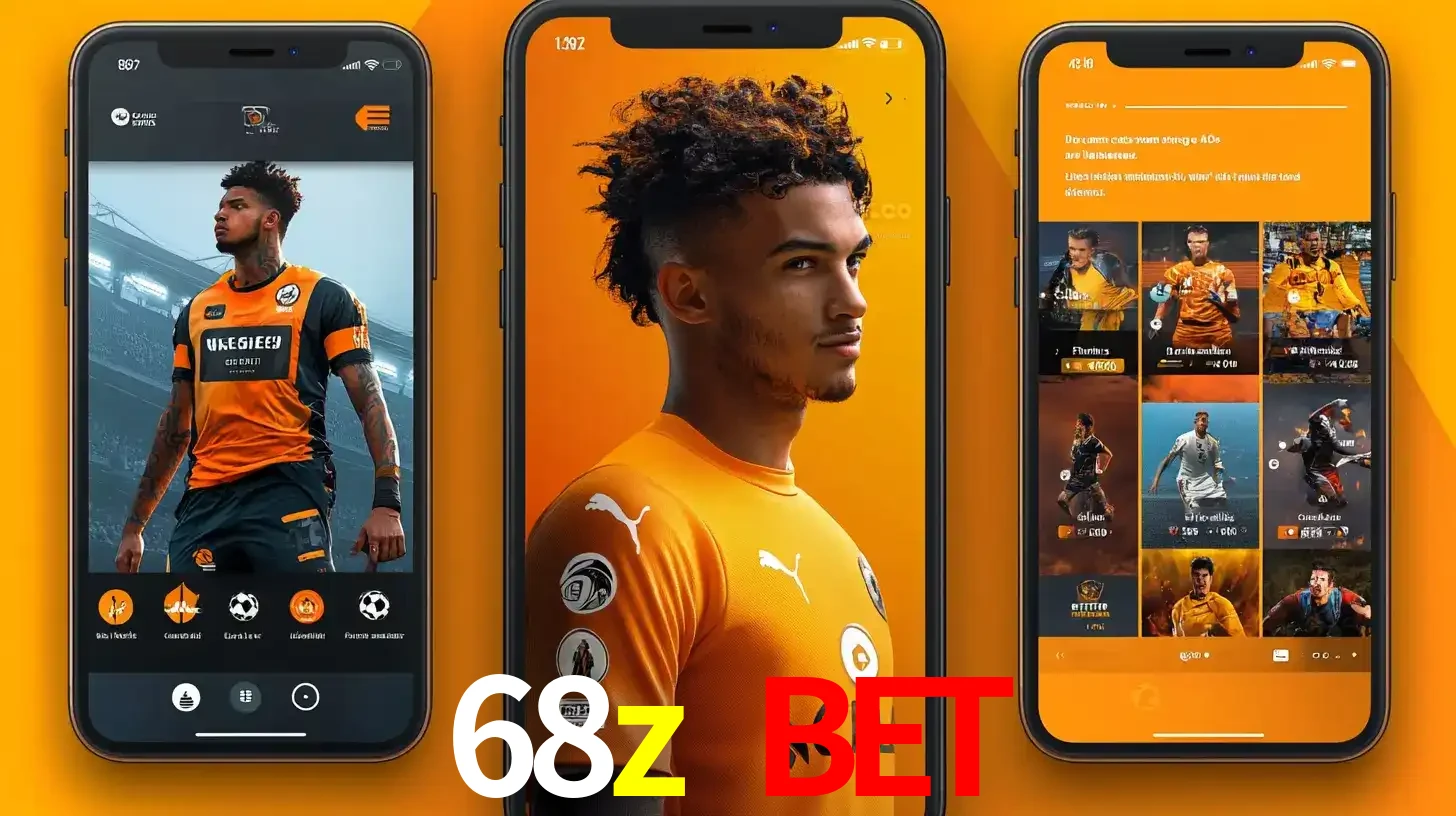 Interface do aplicativo de apostas esportivas 68z bet em três telas de celular, mostrando o perfil de um jogador de futebol e a lista de jogos disponíveis para apostar.