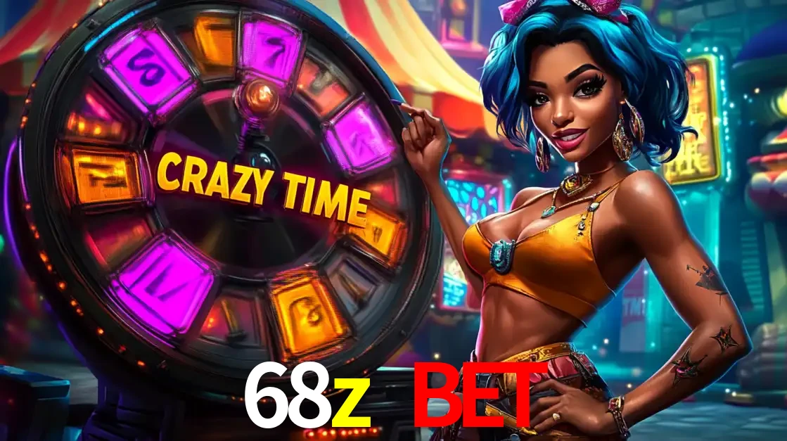 Mulher estilizada com cabelo azul e visual vibrante posando ao lado da roda de prêmios do game show Crazy Time, convidando para a diversão e os bônus do cassino 68z bet.