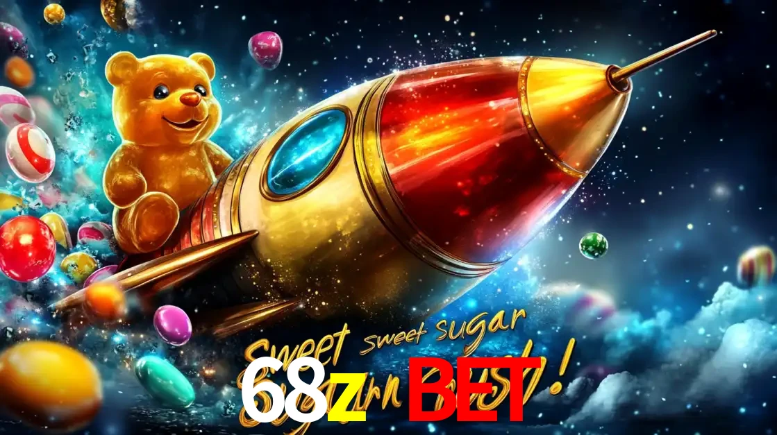 Arte promocional do jogo de slot Sugar Rush, com um urso de pelúcia em um foguete viajando pelo espaço de doces, um dos jogos divertidos disponíveis no cassino 68z bet.