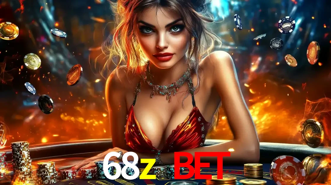 Mulher em uma mesa de cassino com pilhas de fichas e um fundo de fogo, pronta para uma rodada de altas apostas nos jogos de mesa emocionantes do cassino 68z bet.