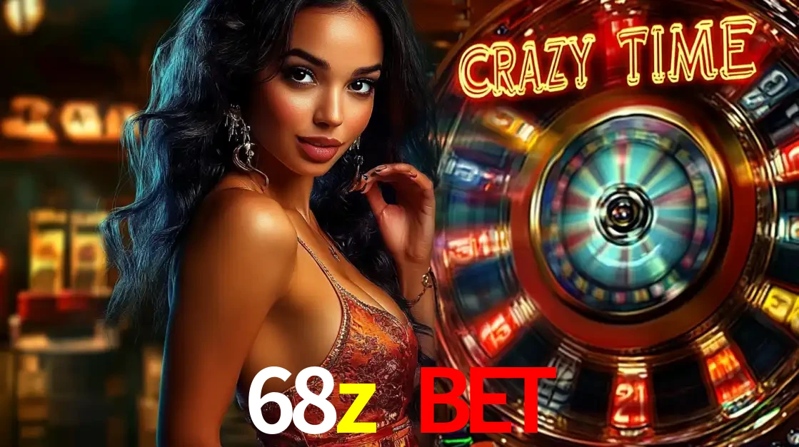 Mulher elegante ao lado da vibrante roda da fortuna do jogo de cassino ao vivo Crazy Time, um dos game shows mais populares e cheios de prêmios do 68z bet.