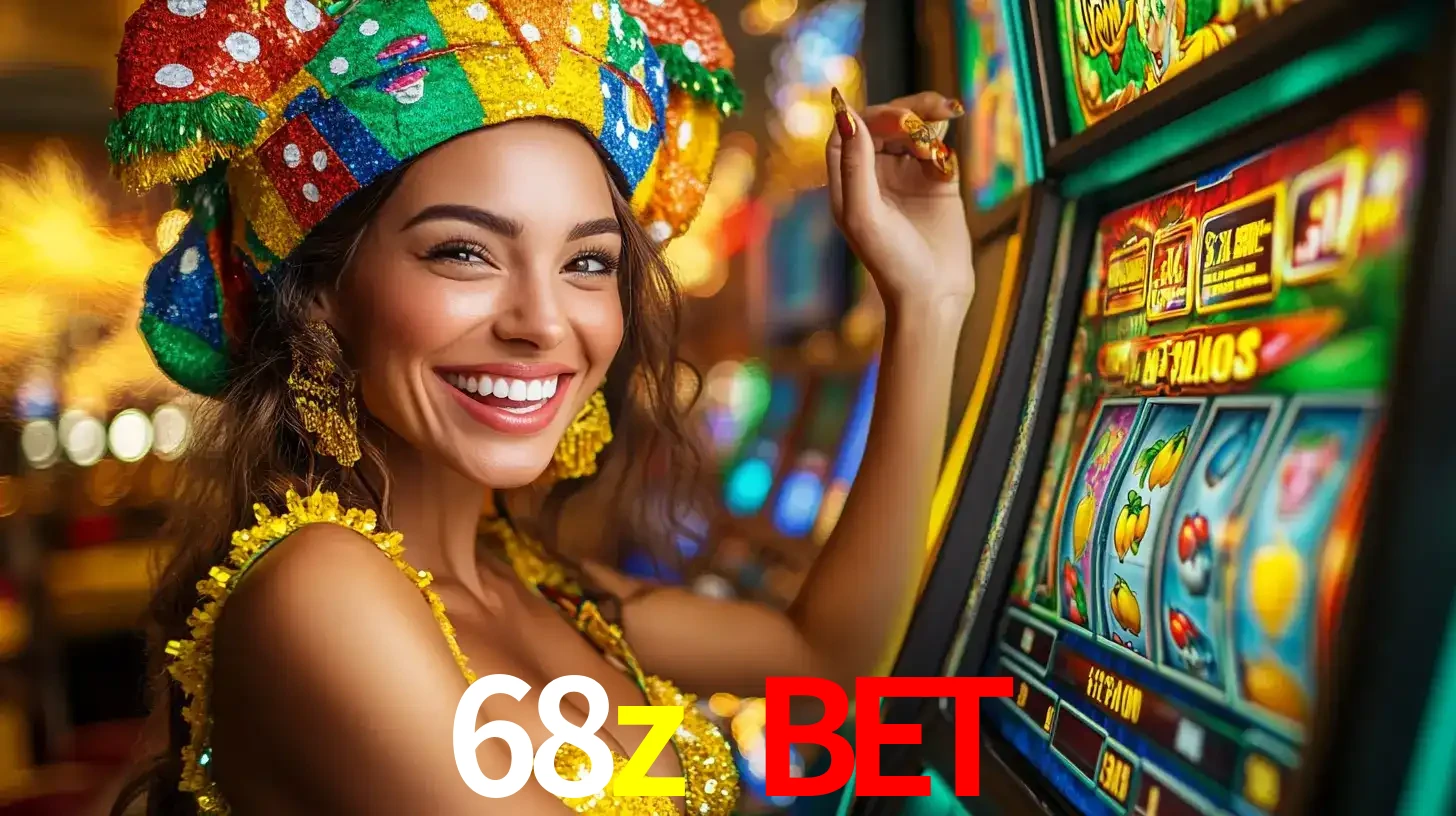 Mulher feliz com traje de carnaval amarelo e colorido ao lado de uma máquina de caça-níqueis, aproveitando a diversão e os jogos temáticos do cassino 68z bet.