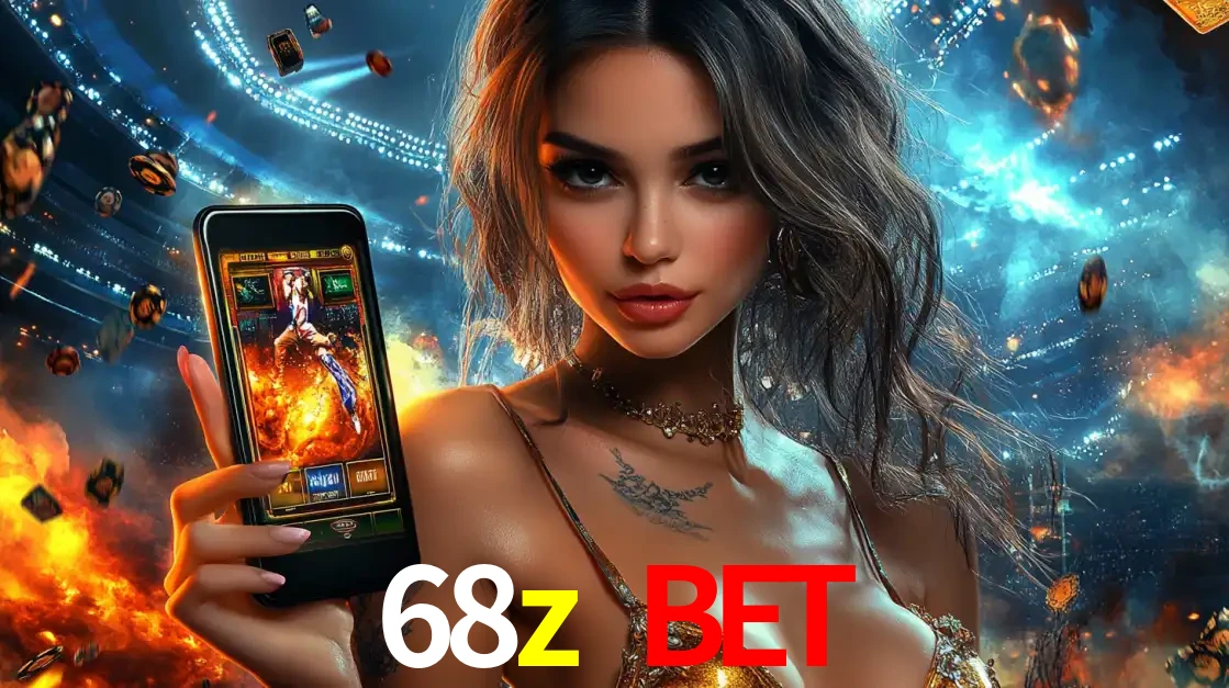 Mulher segurando um celular com um jogo de slot em destaque, tendo como fundo um estádio vibrante, simbolizando a emoção de jogar no cassino móvel 68z bet.