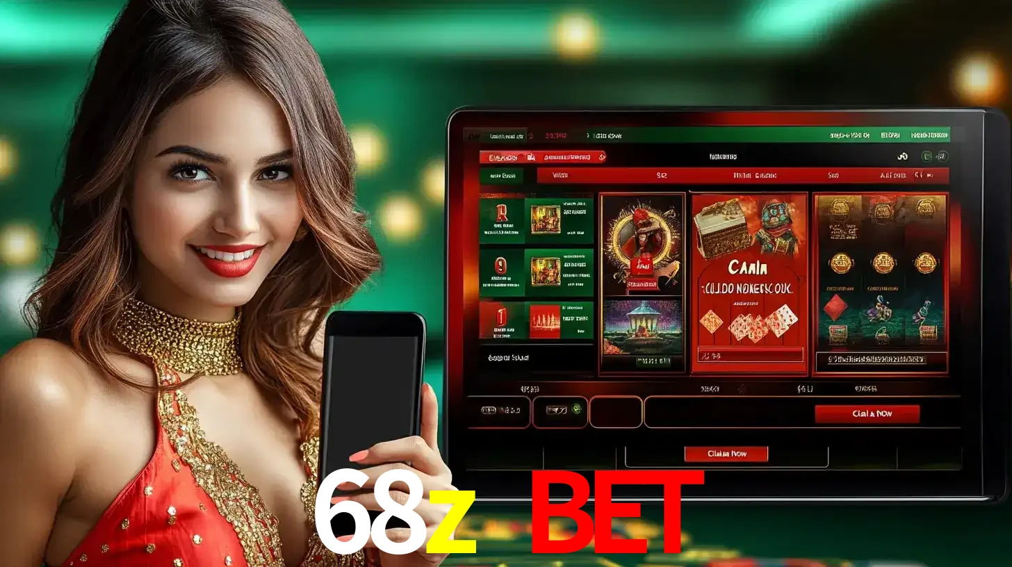 Mulher sorridente segurando um smartphone, ao lado de uma tela exibindo o lobby de jogos do cassino online 68z bet, com várias opções de jogos de cartas e slots.